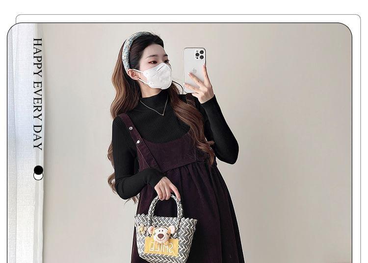 Maternity Long-Sleeve Mock Neck Plain Knit Top / Corduroy Midi A-Line Dungaree Dress / Set Product Image