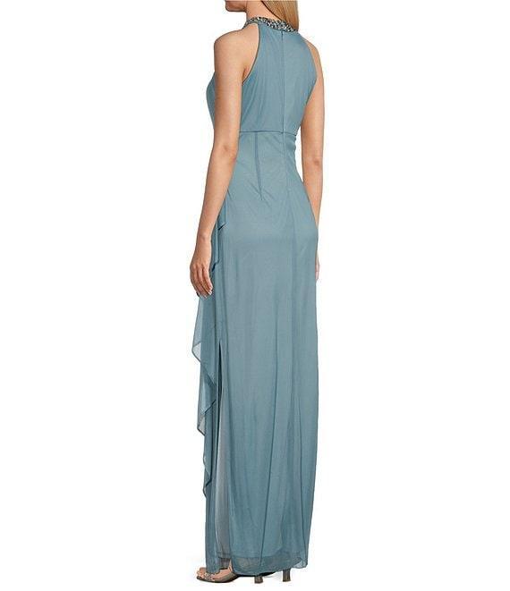 Alex Evenings Petite Size Sleeveless Beaded Halter Neck Cascade Ruffle Gown Product Image