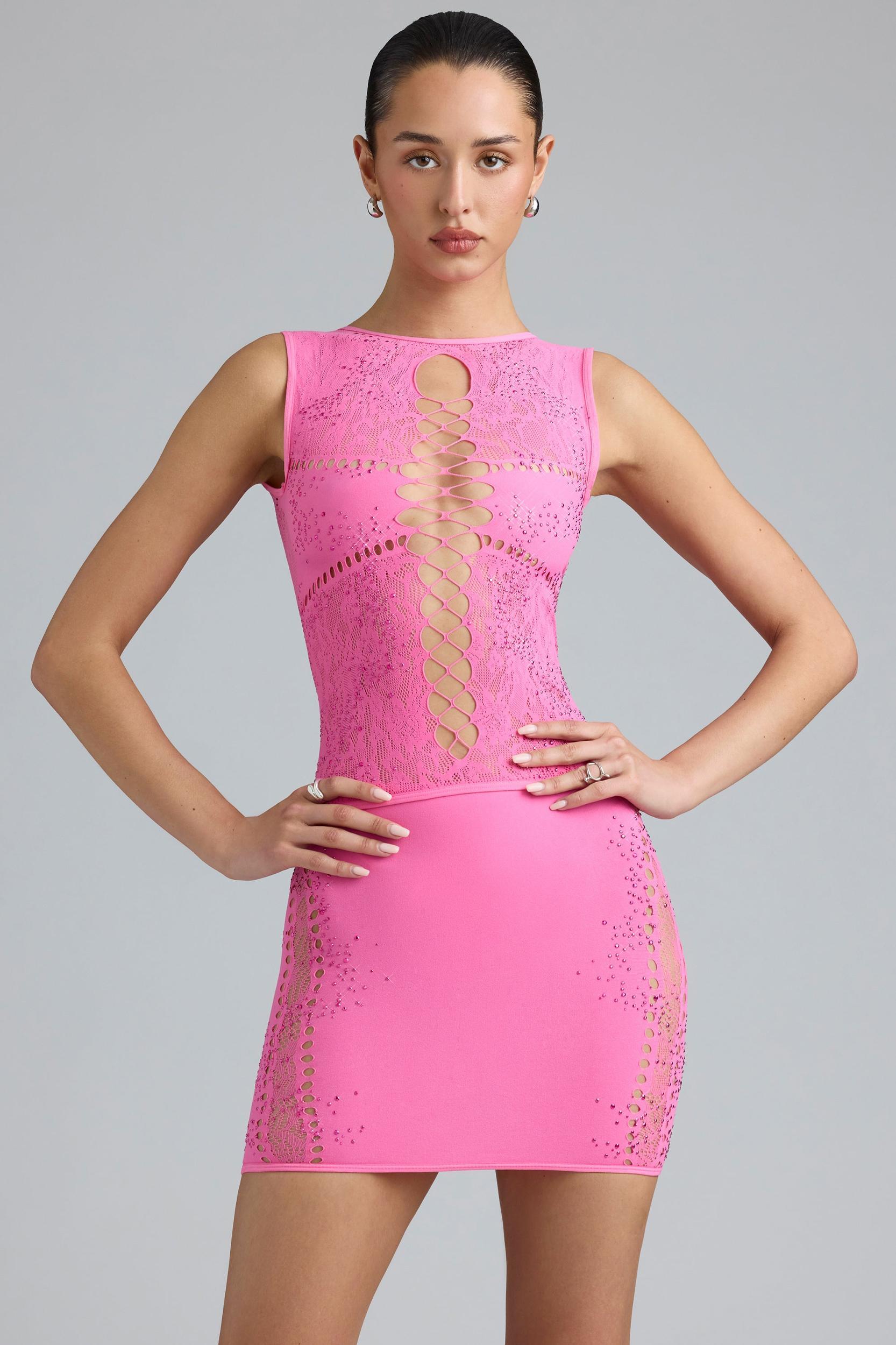 Embellished Lace-Up High-Neck Top in Bubblegum Pink Product Image