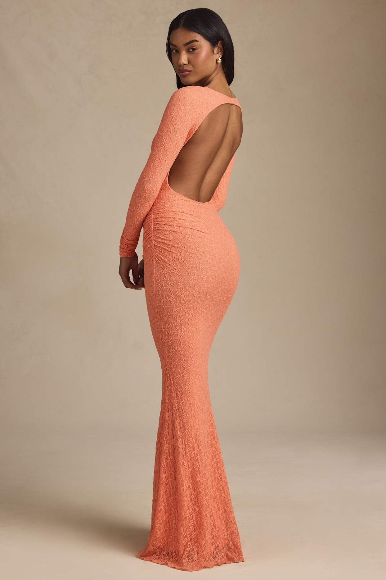 Ruched Backless Lace Maxi Dress in Peach Product Image