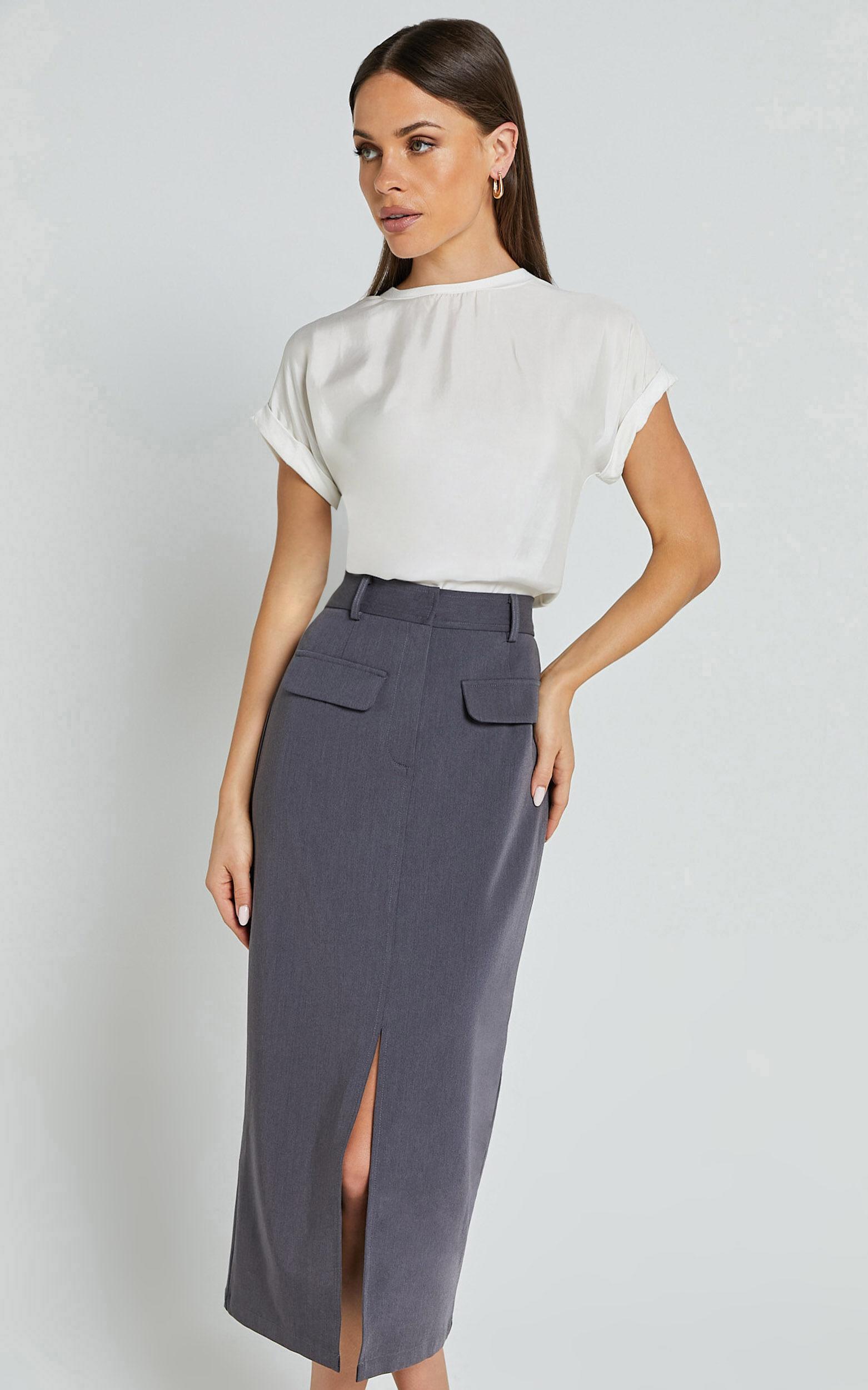 Brylee Midi Skirt - High Waisted Front Split Skirt in Charcoal Product Image