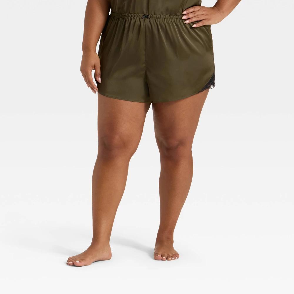 Women's Lace Trim Satin Pajama Shorts - Auden™ Olive Green 3X Product Image