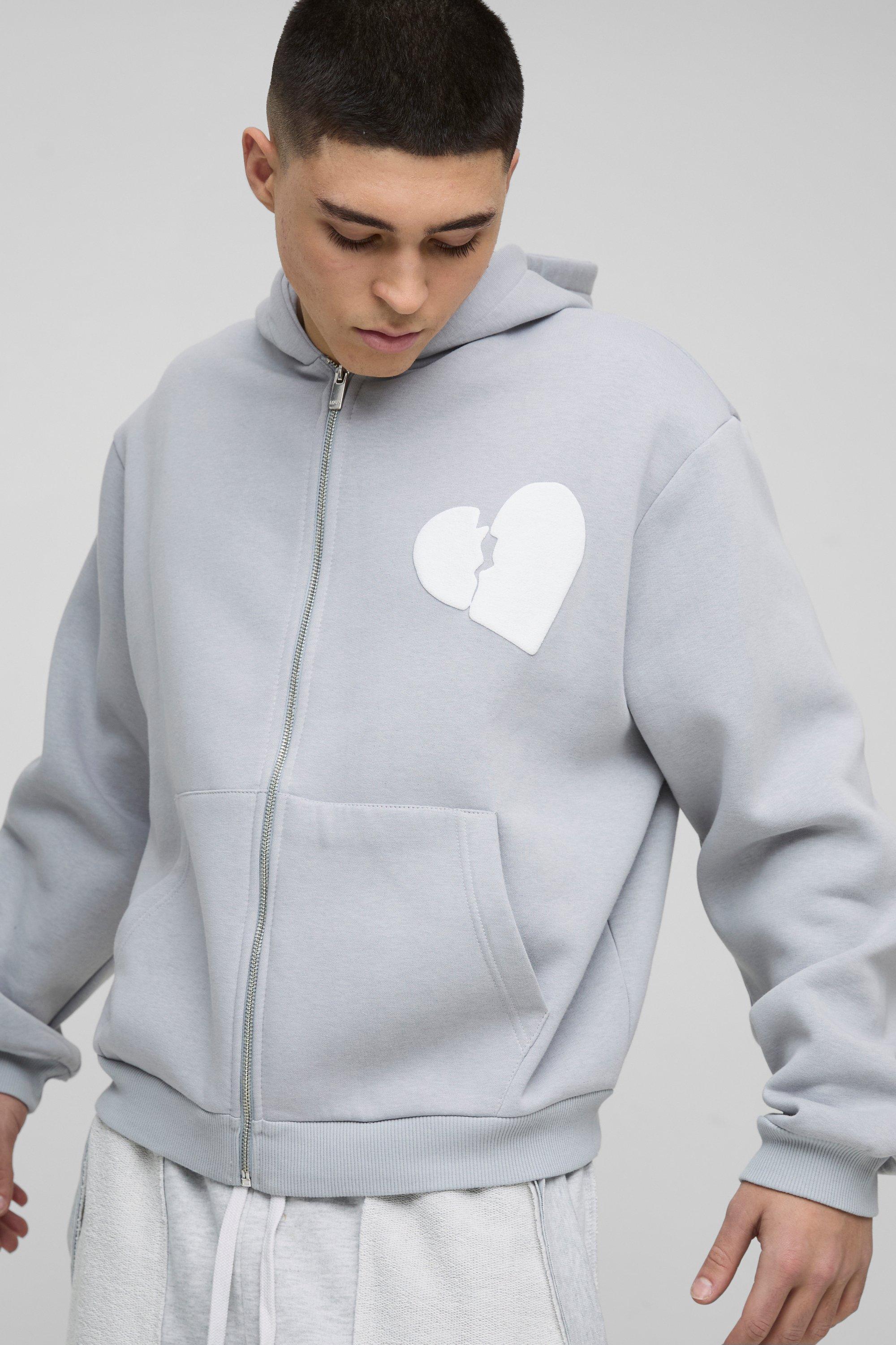 Oversized Boxy Hearts Puff Print Zip Through Hoodie | boohooMAN USA Product Image