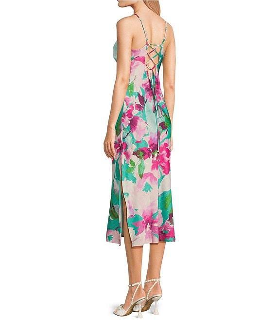 Honey and Rosie Printed Floral Satin Sleeveless Sweetheart Neckline Midi Dress Product Image