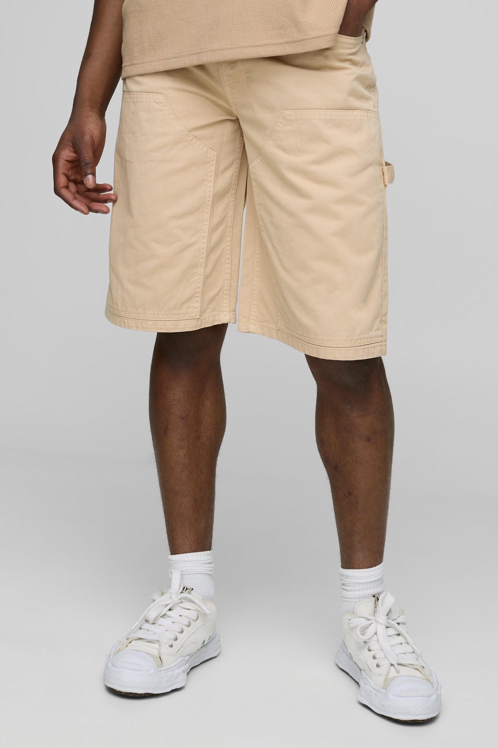 Relaxed Long Length Overdye Carpenter Shorts | boohooMAN USA Product Image