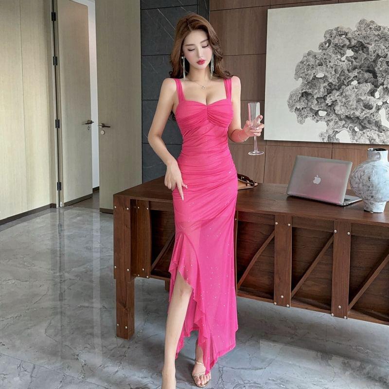 Sleeveless Plain Ruffle Asymmetrical Maxi Sheath Dress Product Image