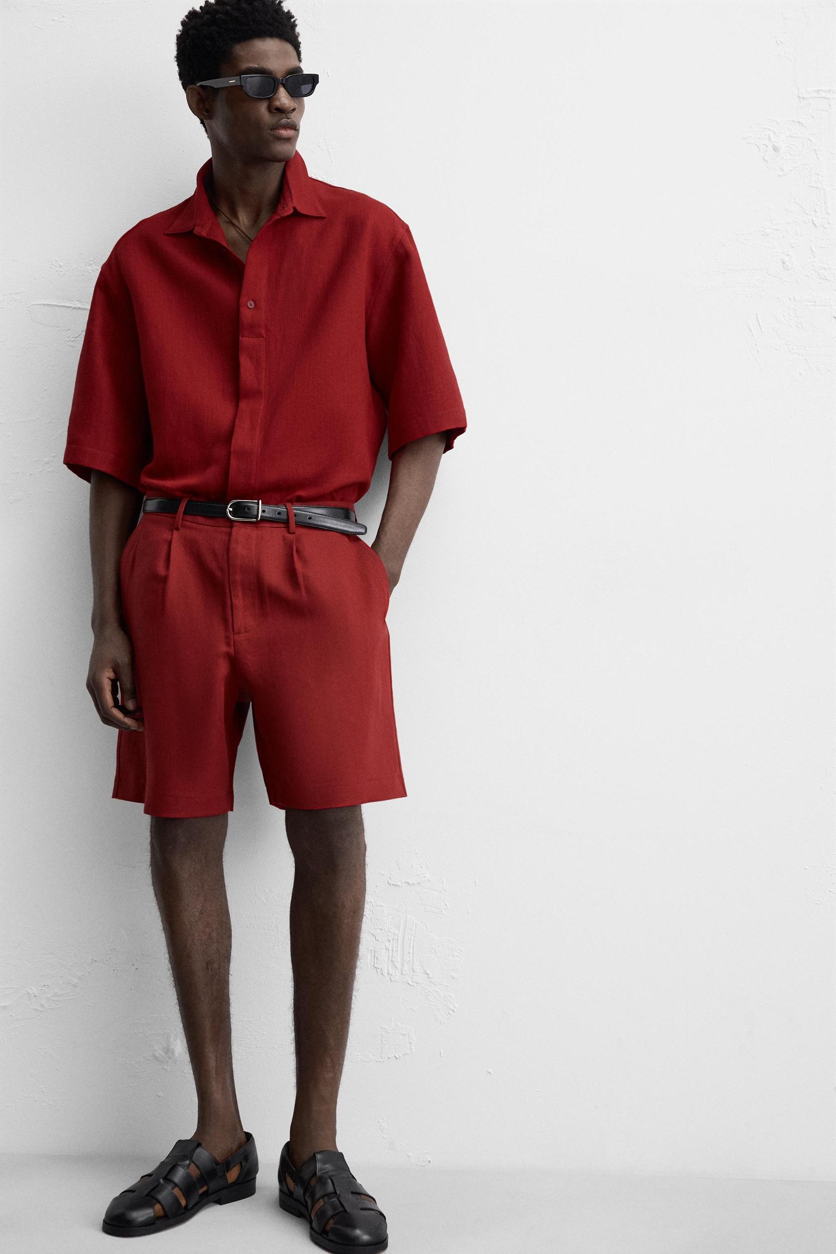 COTTON LINEN TEXTURED BERMUDA SHORTS Product Image