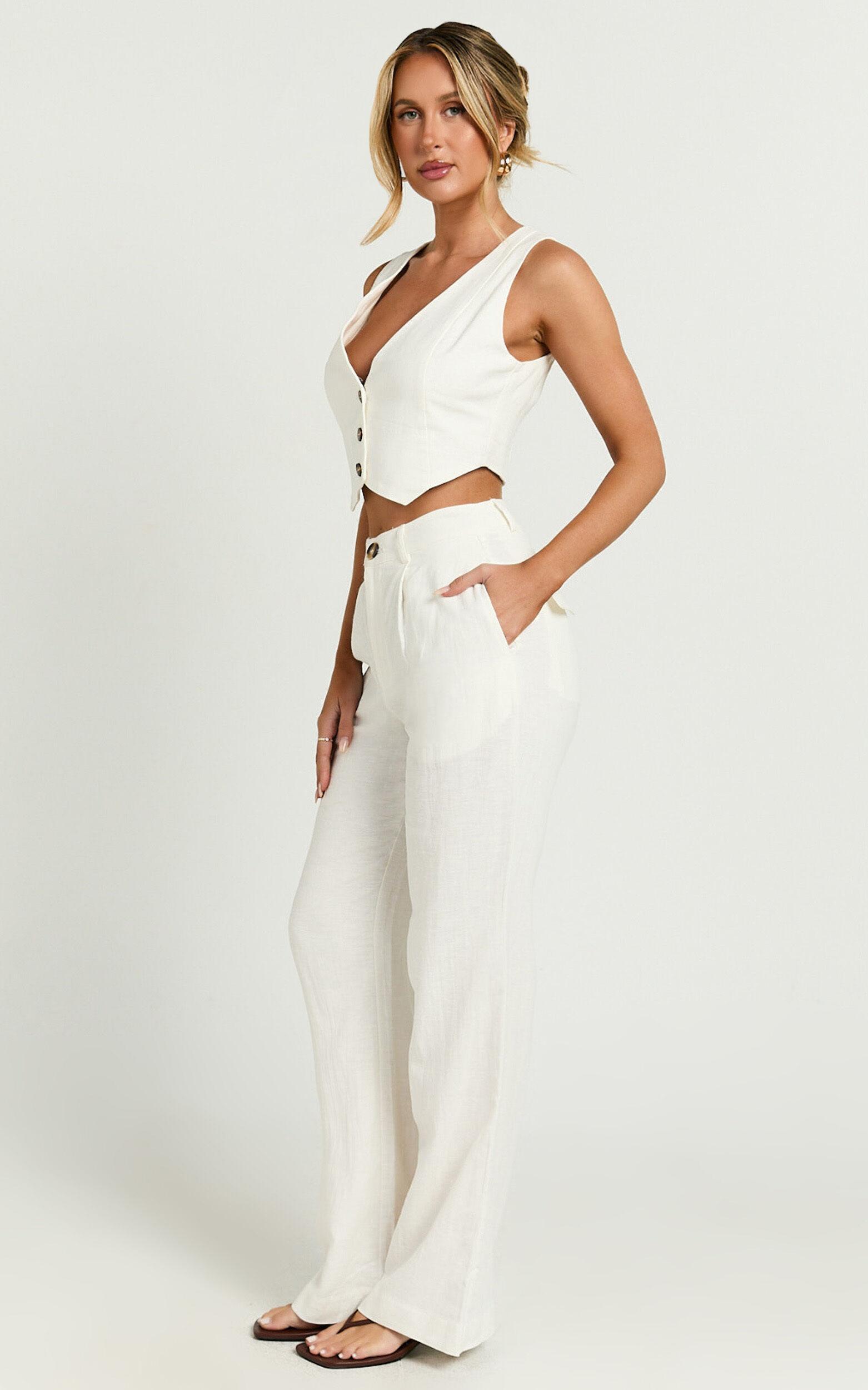 Bree Pants - Linen Mid Rise Relaxed Straight Leg Tailored Trousers in White Product Image