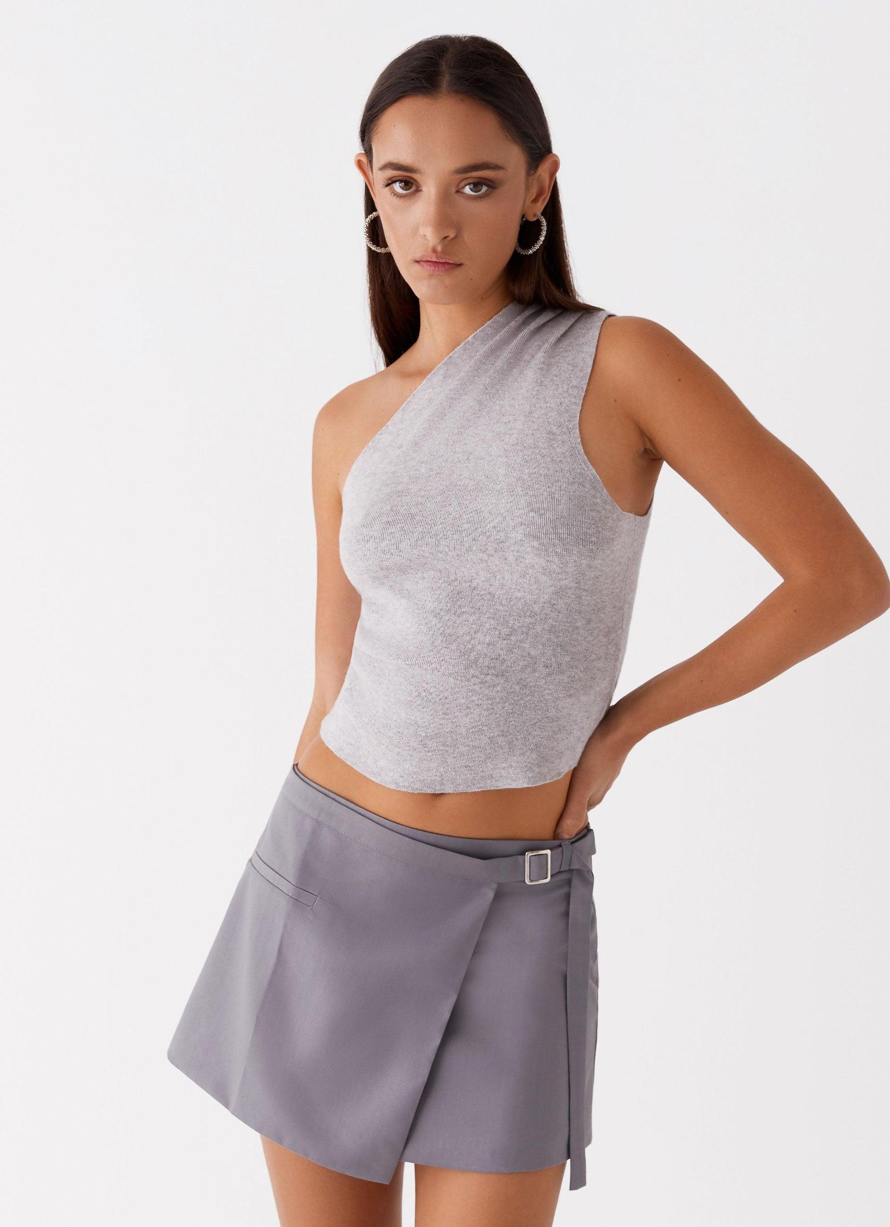 Indy One Shoulder Knit Top - Grey Product Image