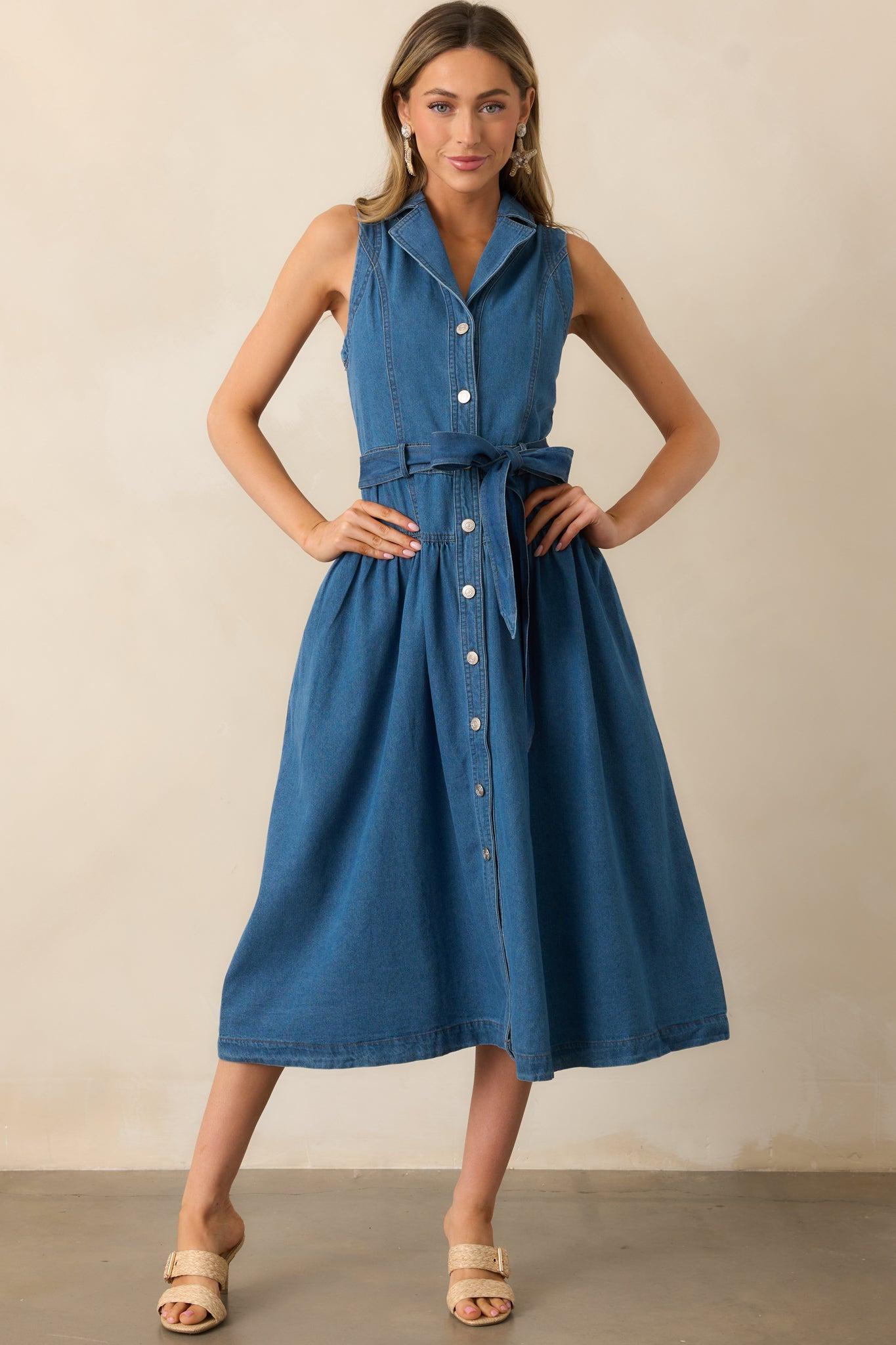 Riverside Sips Blue Denim Button Front Maxi Dress Product Image