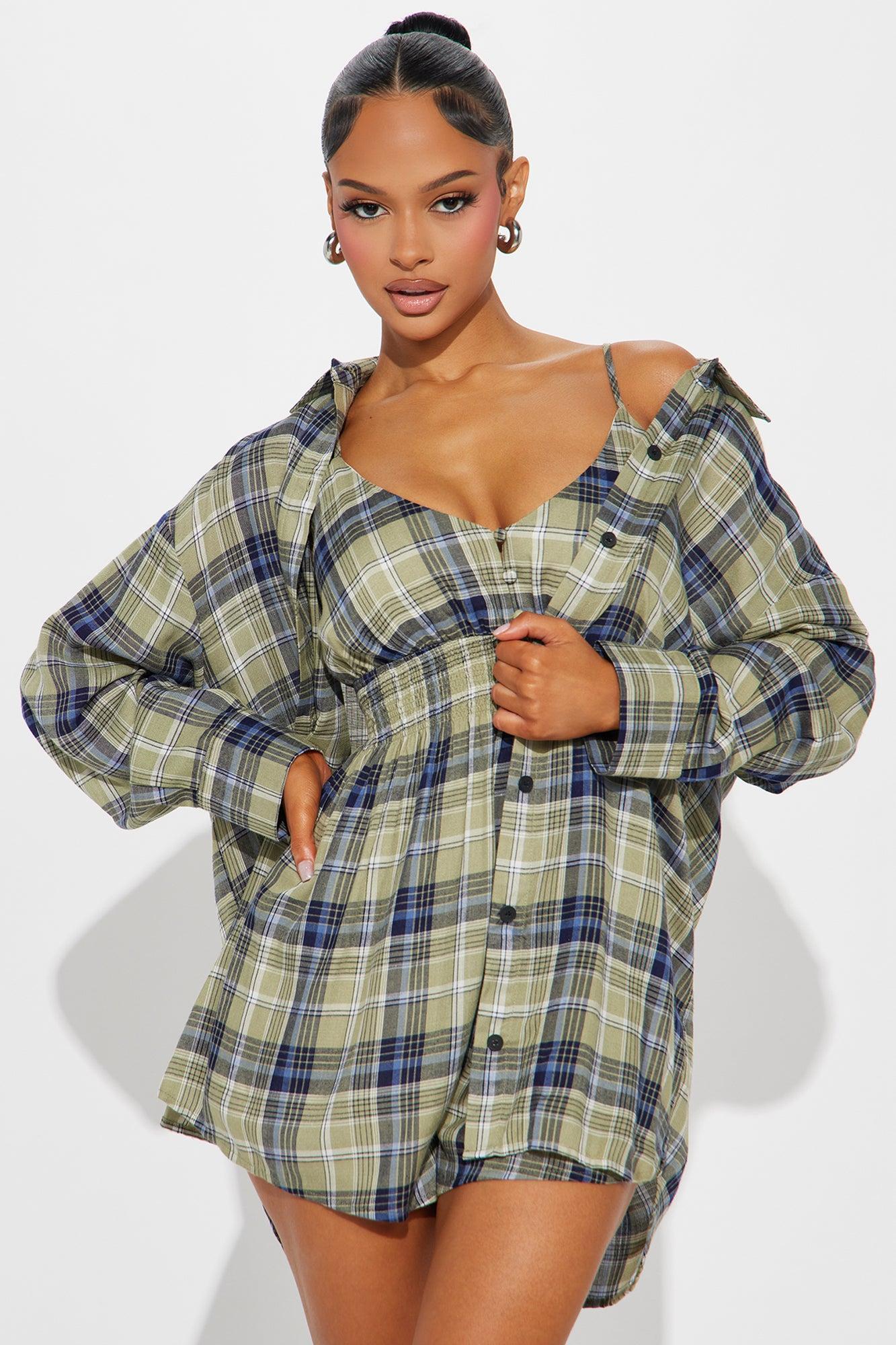 Iced Coffee Flannel Romper Set - Green/combo Product Image