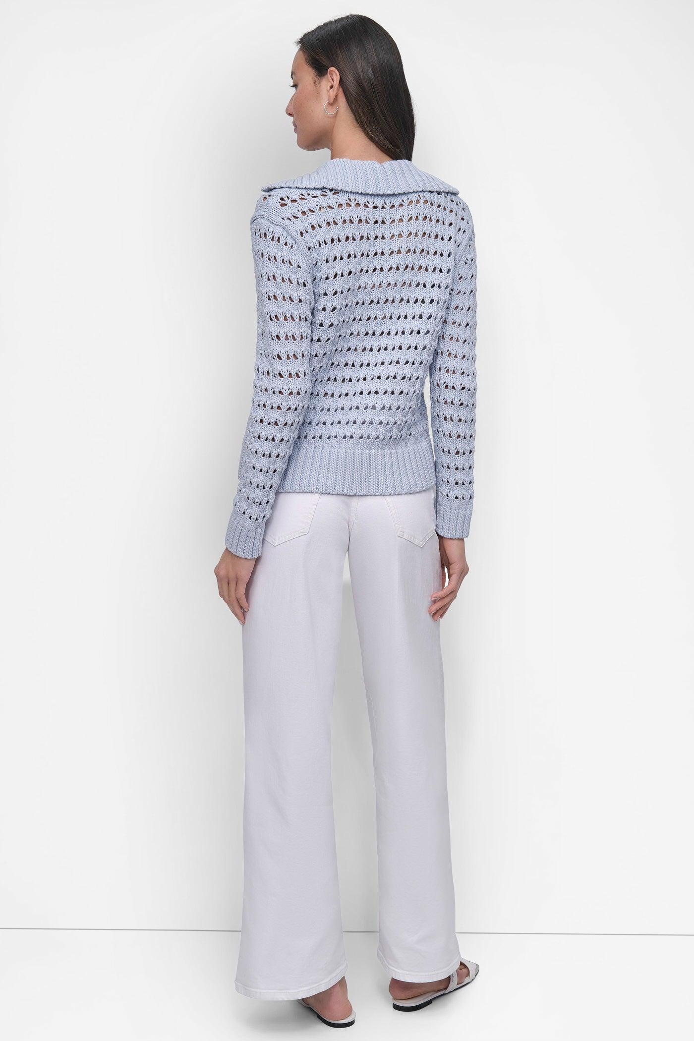 LONG SLEEVE OPEN POINTELLE STITCH POLO COLLAR SWEATER Product Image