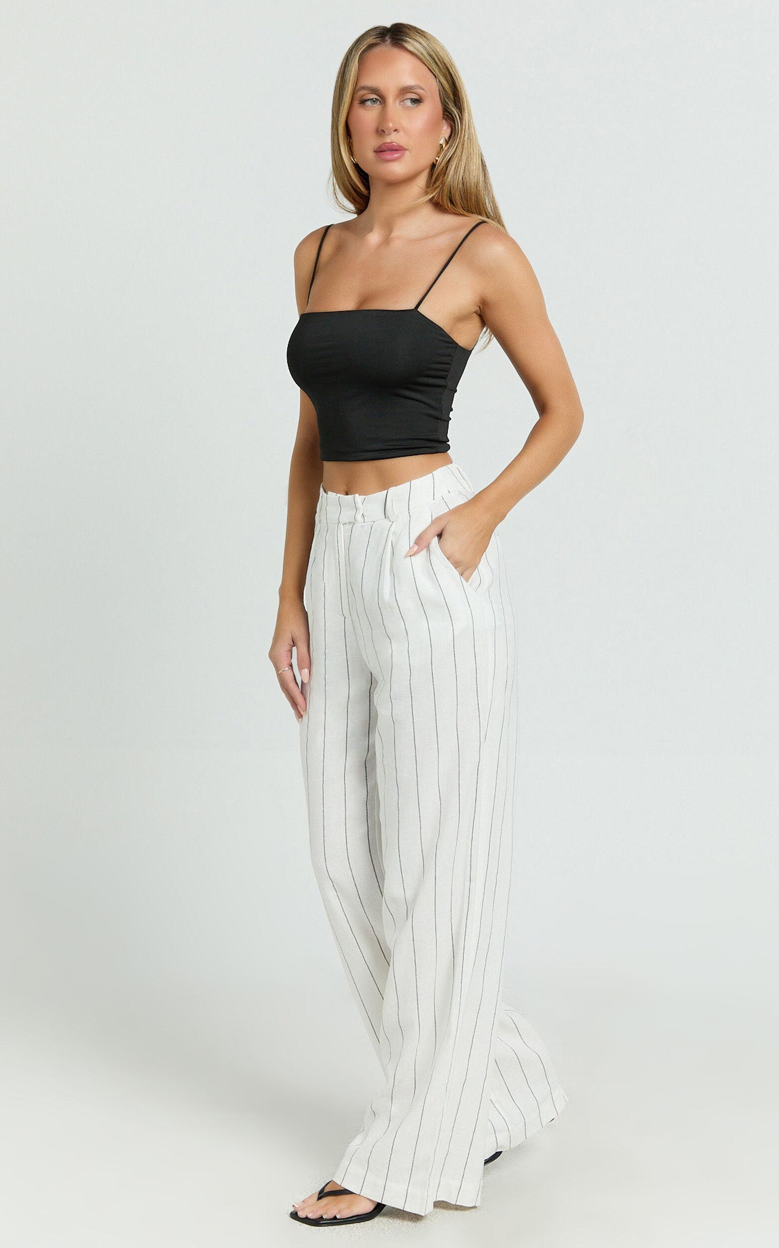 Trixie Pants - High Waist Linen Look Stripe Tailored Pants in Off White Product Image