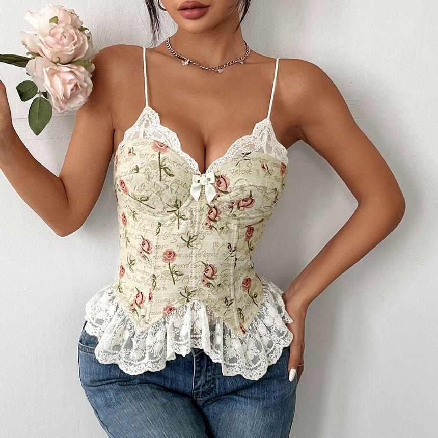 V-Neck Floral Jacquard Lace Panel Bow Accent Corset Top Product Image