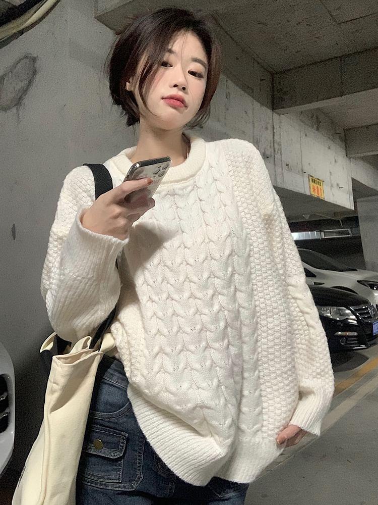 Round Neck Cable-Knit Sweater Product Image