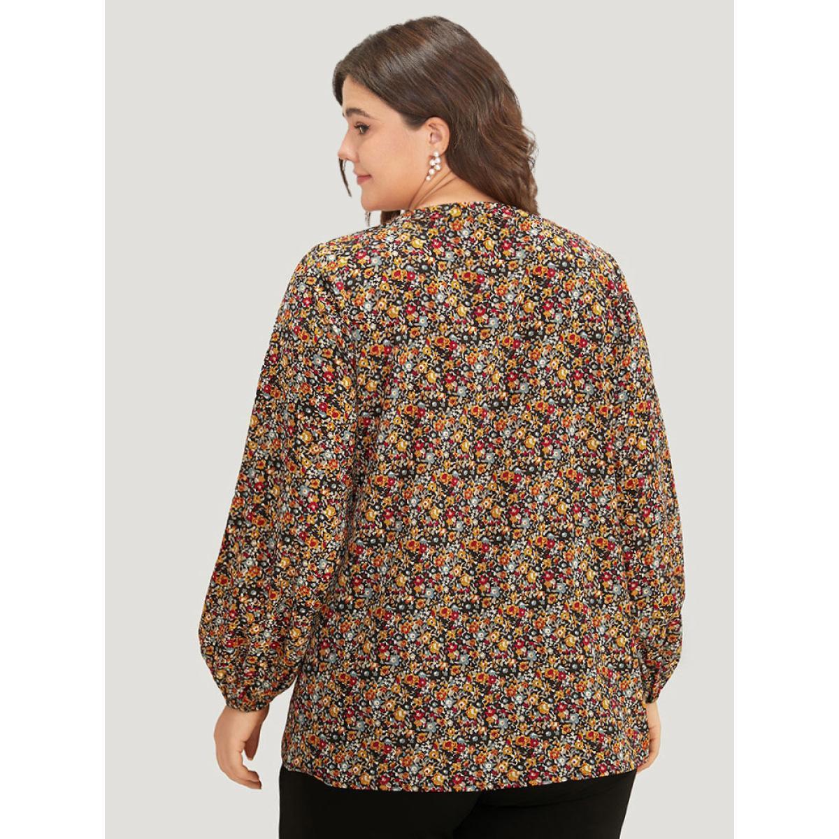 Plus Size Multicolor Ditsy Floral Notched Frill Trim Blouse Women Elegant Long Sleeve Notched collar Dailywear Blouses BloomChic 22-24/3X Product Image