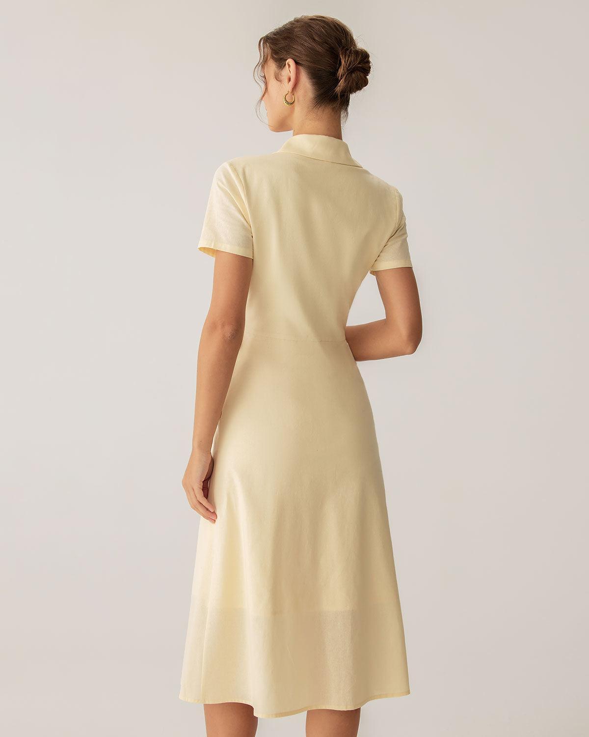 Yellow Button Short Sleeve Midi Dress Product Image