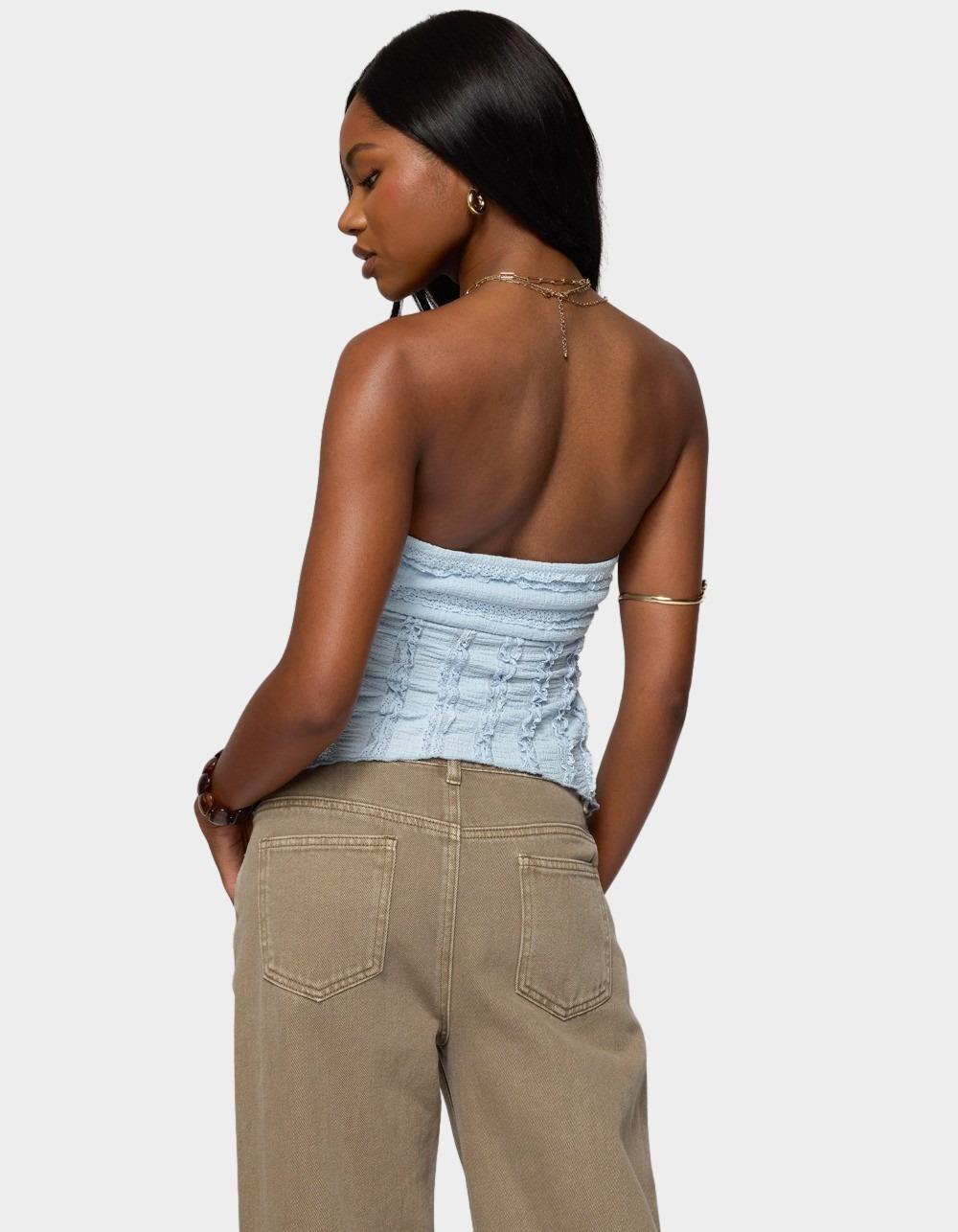 EDIKTED Textured Ruffle Split Front Strapless Top - LIGHT BLUE Product Image