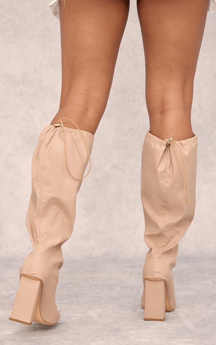 Beige Wide Fit PU Square Toe Knee High Block Heel Toggle Boots Product Image