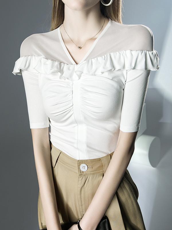Half Sleeves Skinny Pleated Ruffle Trim Solid Color Split-Joint V-Neck T-Shirts Tops Product Image
