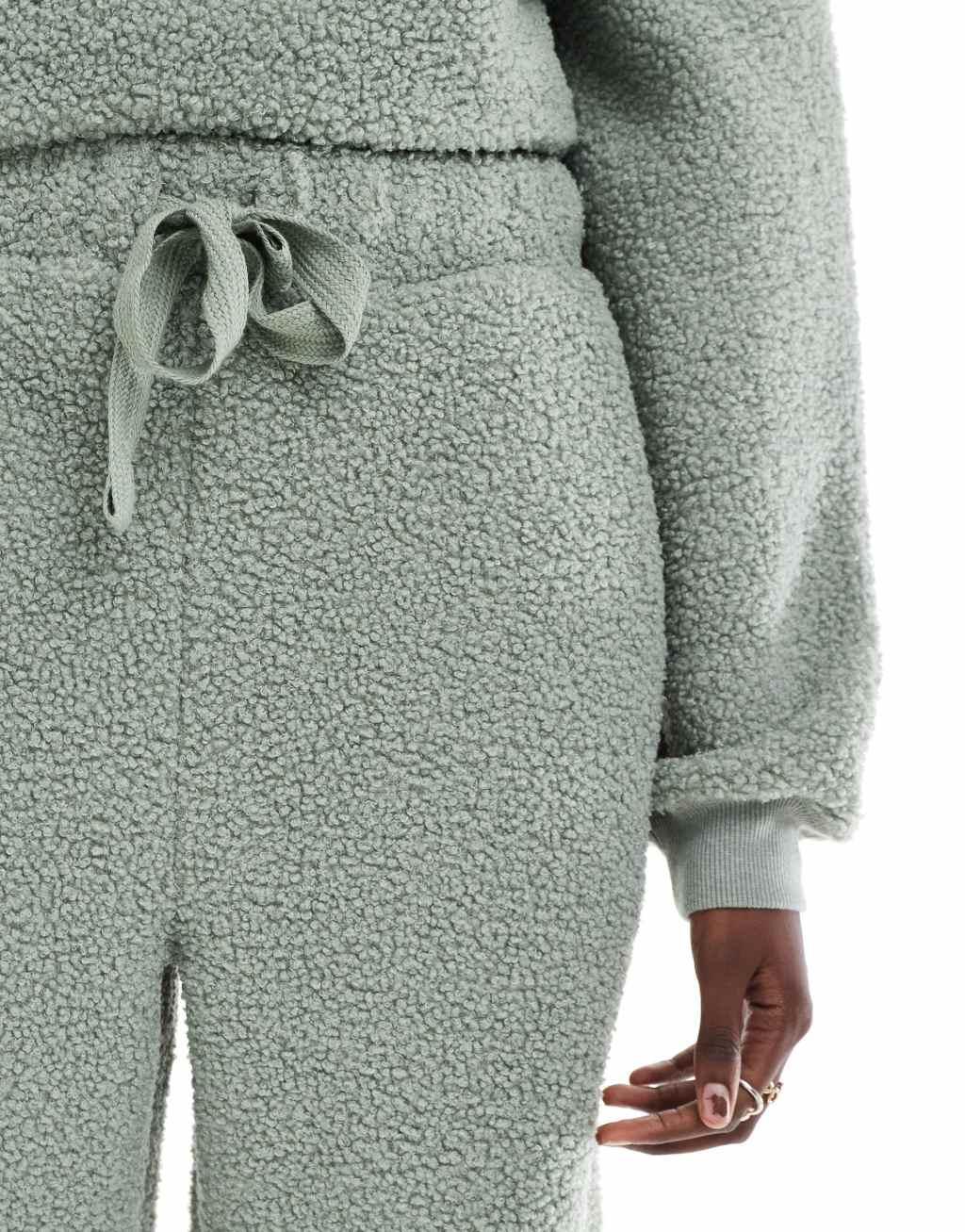 ASOS DESIGN Tall lounge borg sweat & wide leg pants set in sage Product Image