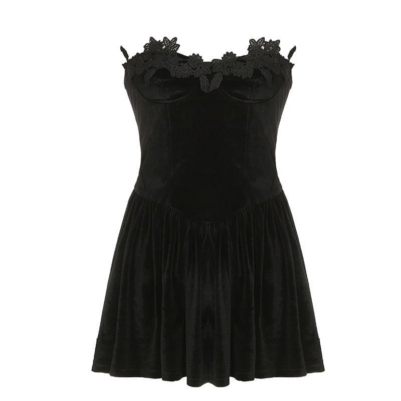 Strapless Plain Lace Trim Velvet Mini A-Line Dress Product Image