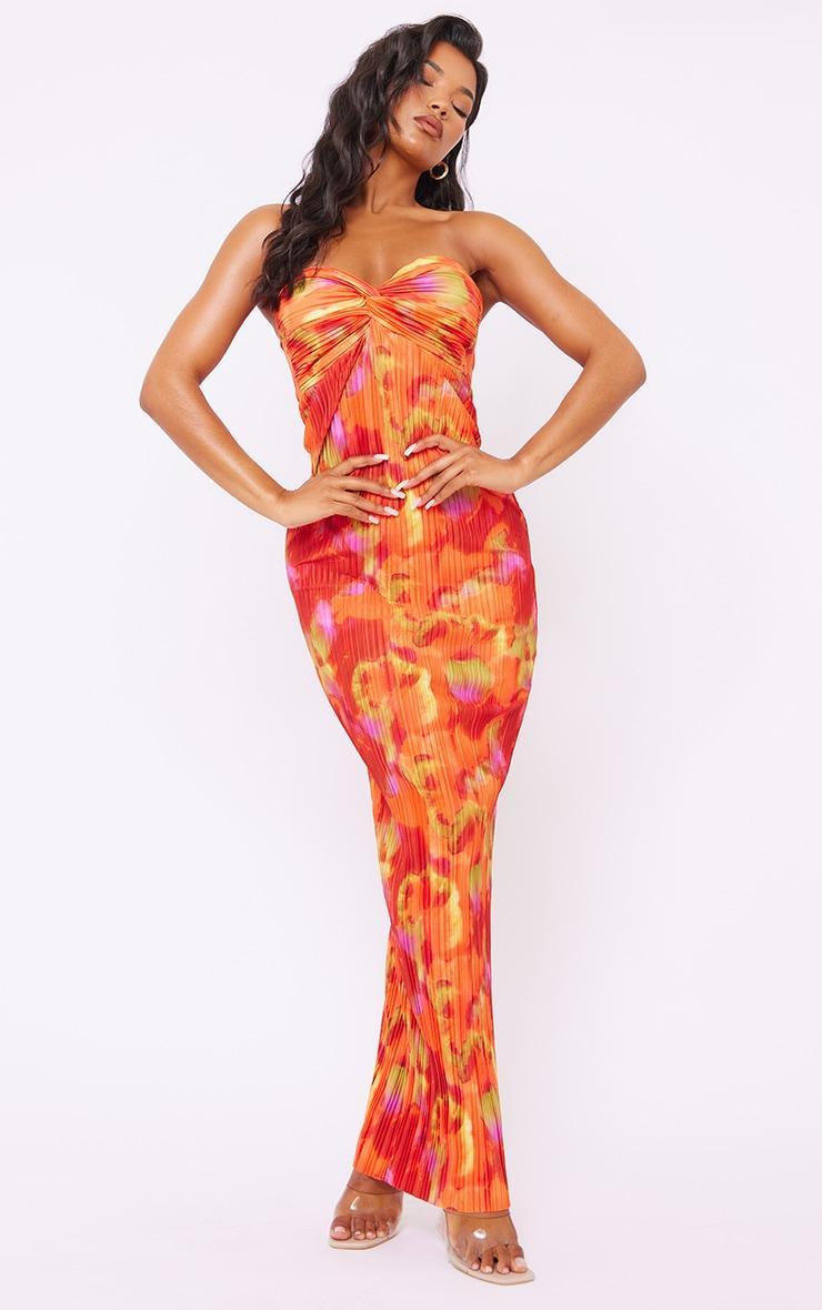 Orange Abstract Print Plisse Knot Bandeau Maxi Dress Product Image