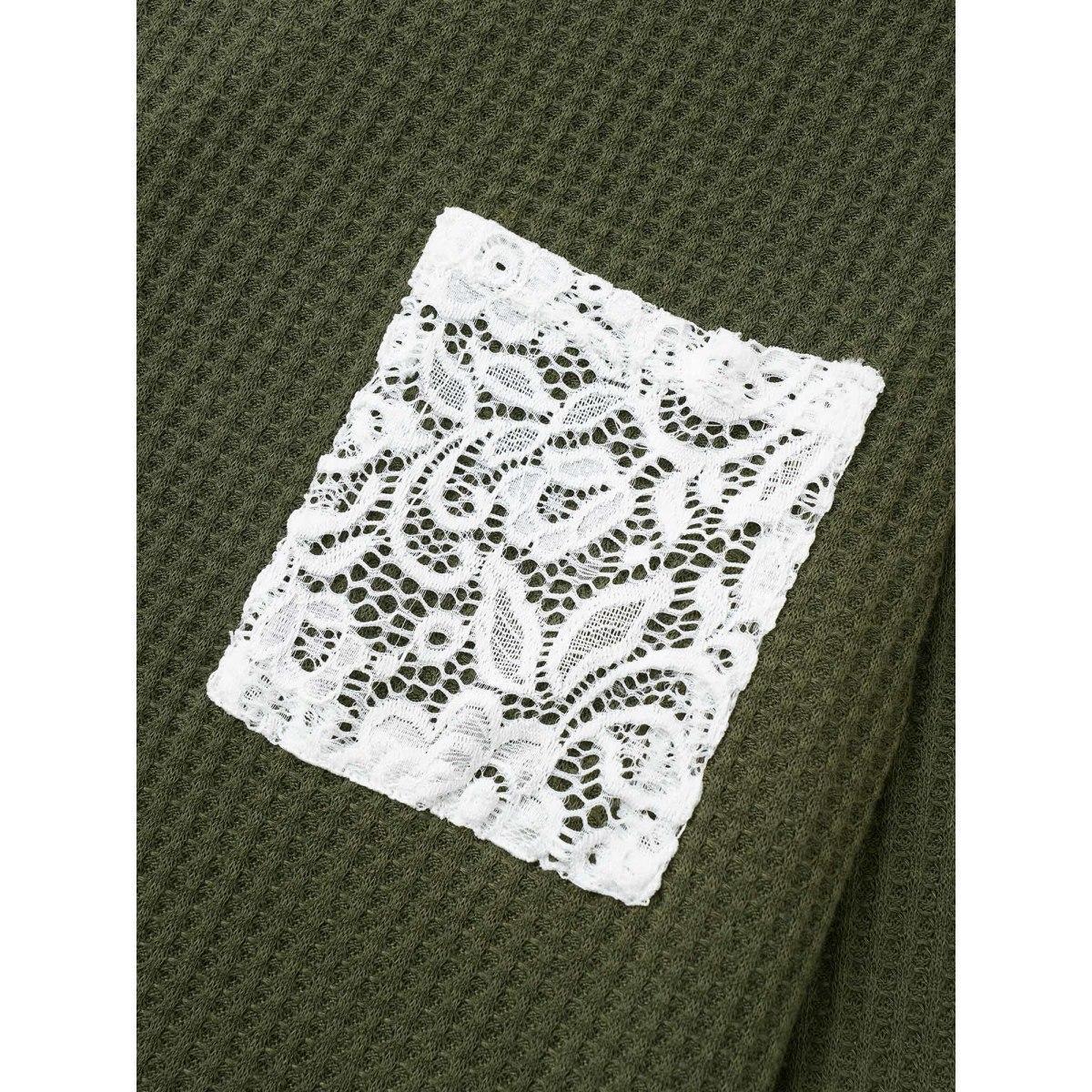 Plus Size Waffle Knit Contrast Lace Patchwork T-shirt ArmyGreen Women Elegant Contrast Plain Round Neck Everyday T-shirts BloomChic 12/L Product Image