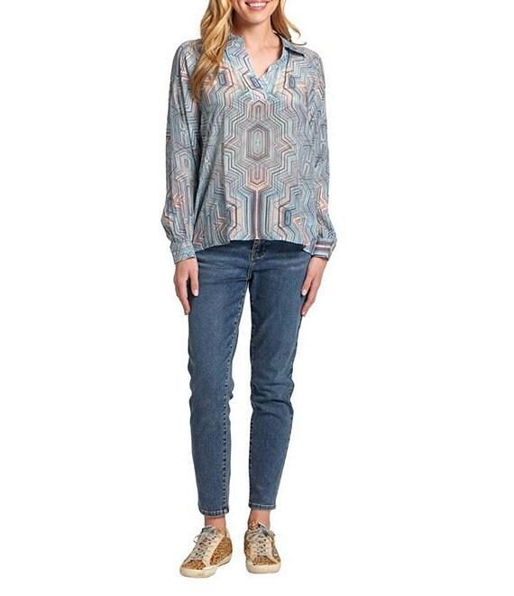 APNY Printed Woven V-Neck Long Sleeve Blouse Product Image
