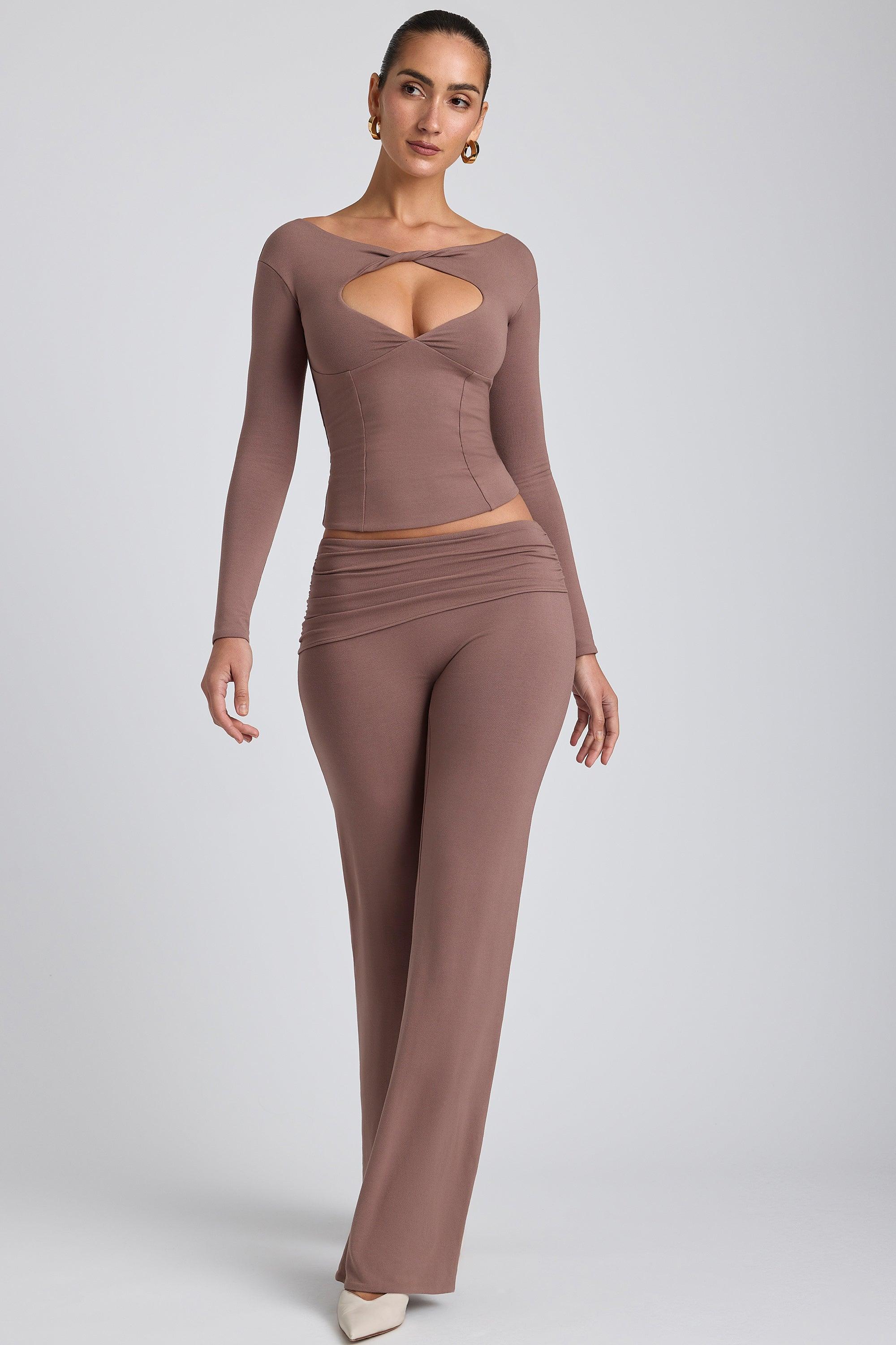 Modal Twist-Front Long-Sleeve Crop Top in Taupe Product Image