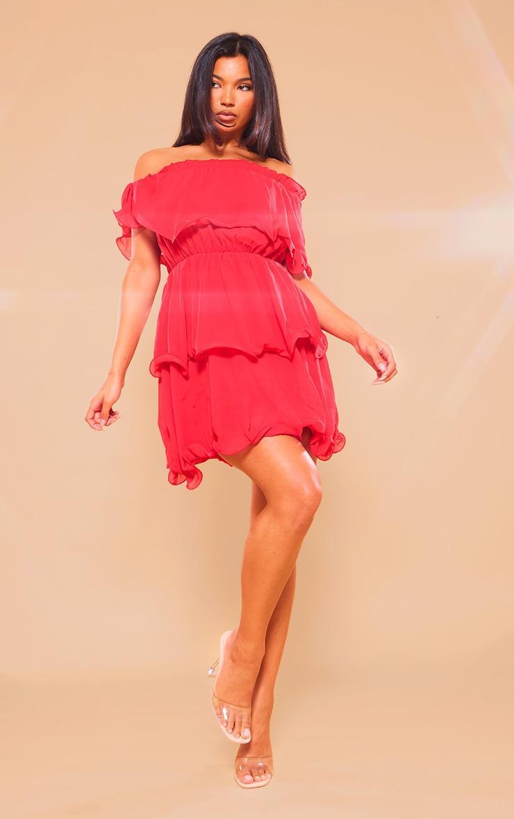 Red Chiffon Bardot Ruffle Tiered Dress Product Image
