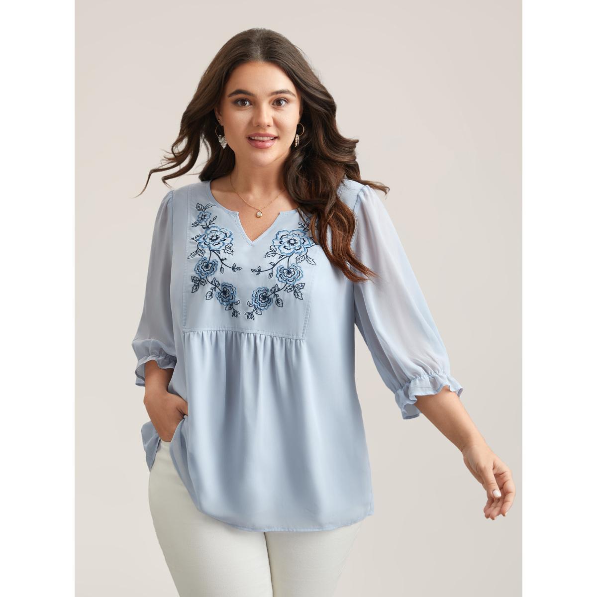 Plus Size LightBlue Chiffon Embroidery Puff Sleeve Pleated Shirt Women Boho Elbow-length sleeve Notched collar Vacation Blouses BloomChic 14-16/1X Product Image