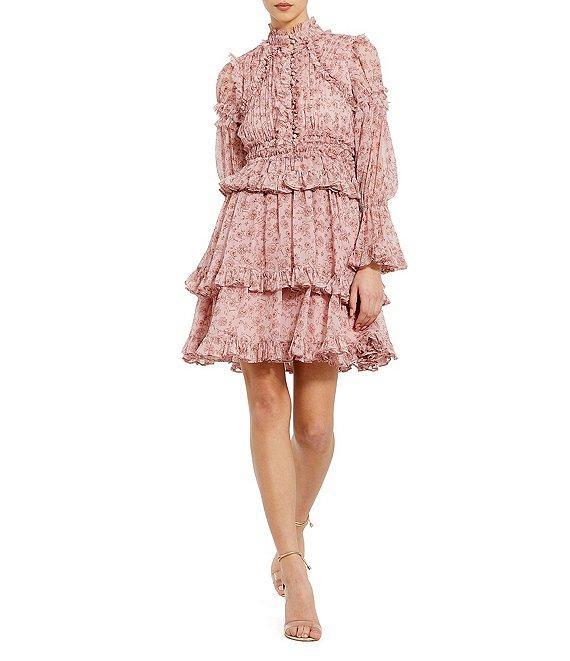 Mac Duggal Floral Print Chiffon Mock Neck Long Flare Sleeve Button Front Ruffle Tiered Mini Dress Product Image