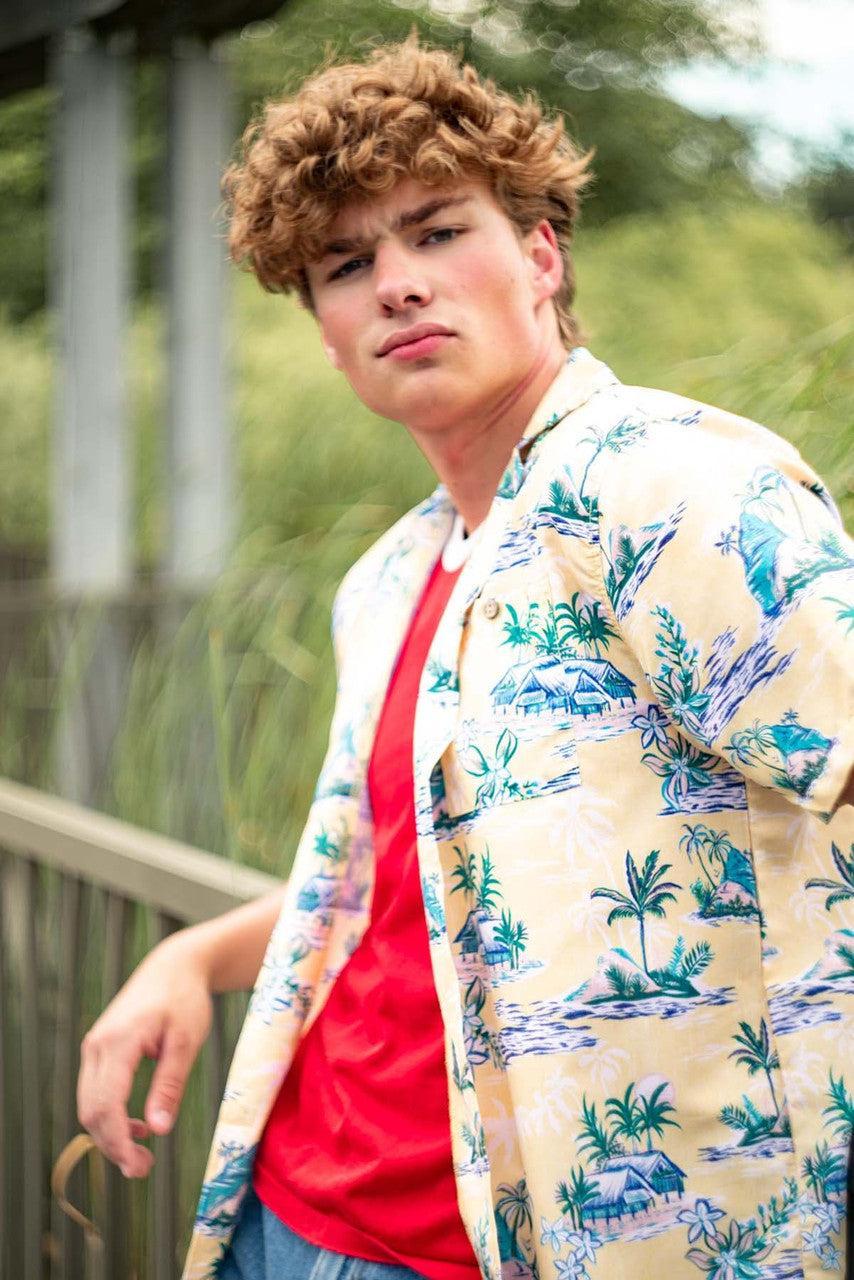 Yellow Beach Hut Print Hawaiian Shirt Product Image