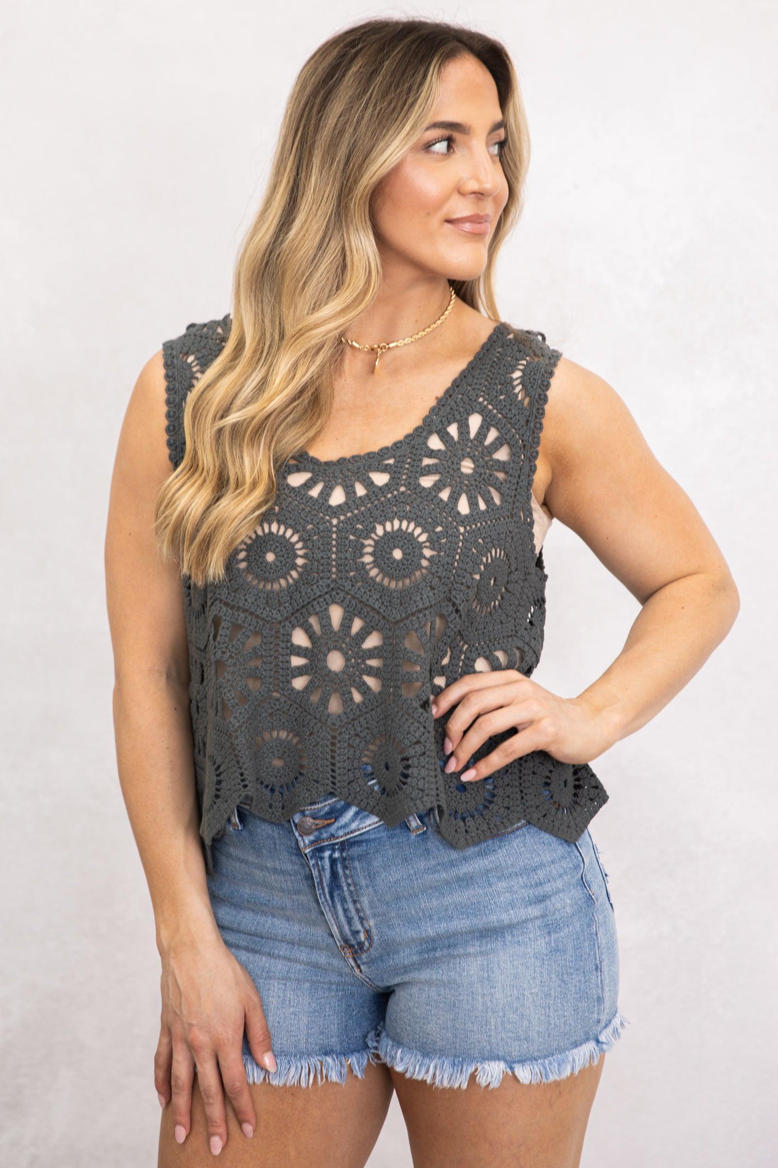 Charcoal Casual Crochet Knit Tank Top Product Image