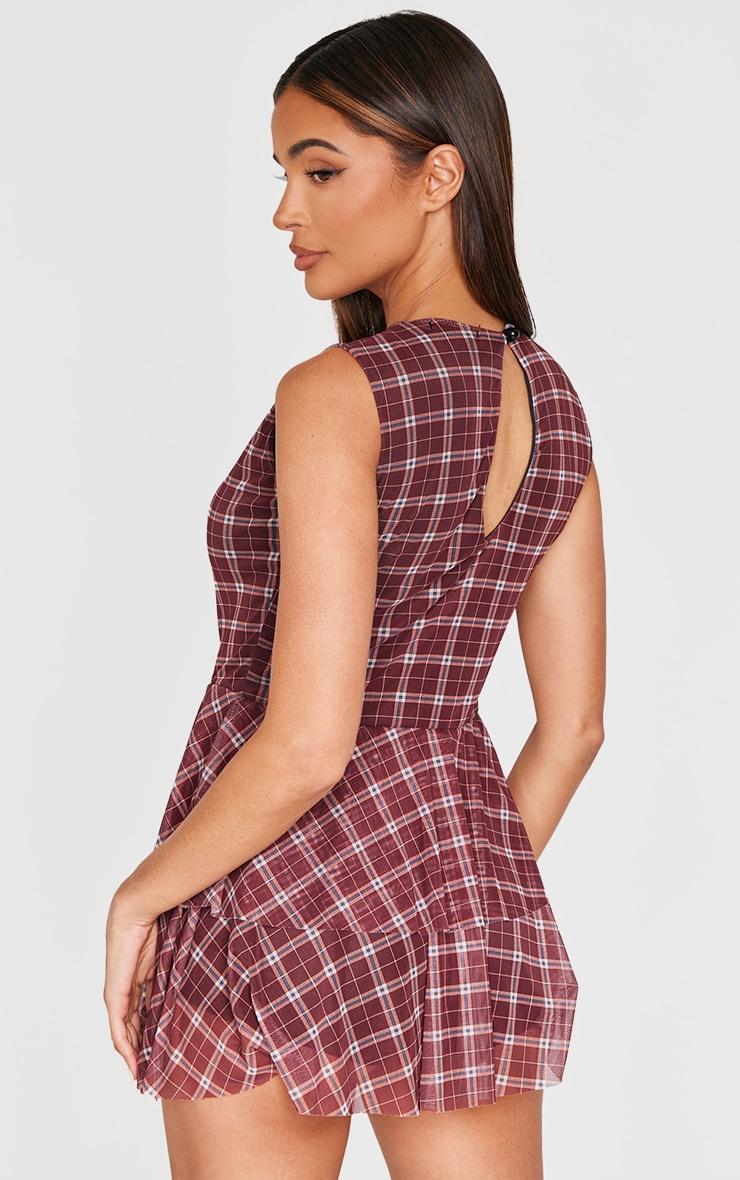 Burgundy Gingham Print Mesh Rara Skort Romper Product Image