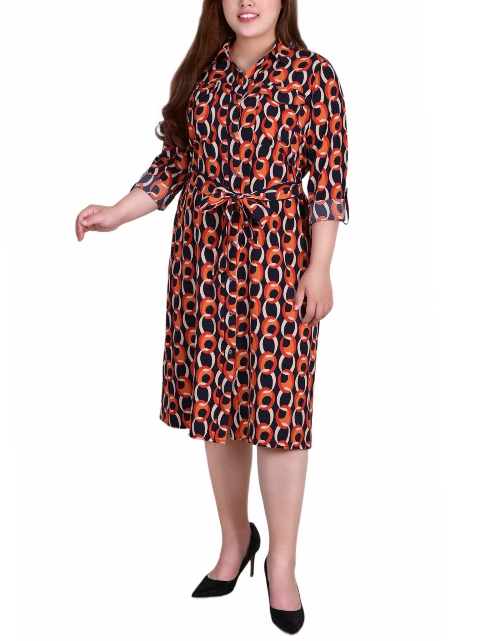 Black Red Circle Chain 3/4 Roll Tab Sleeve Belted Shirtdress - Plus Product Image