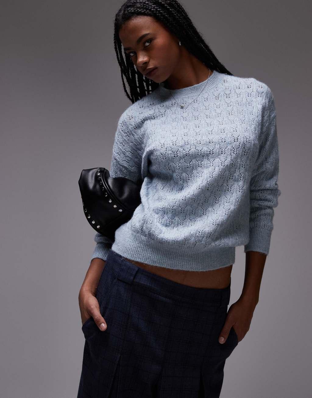 Mango pointelle sweater in pale blue Product Image