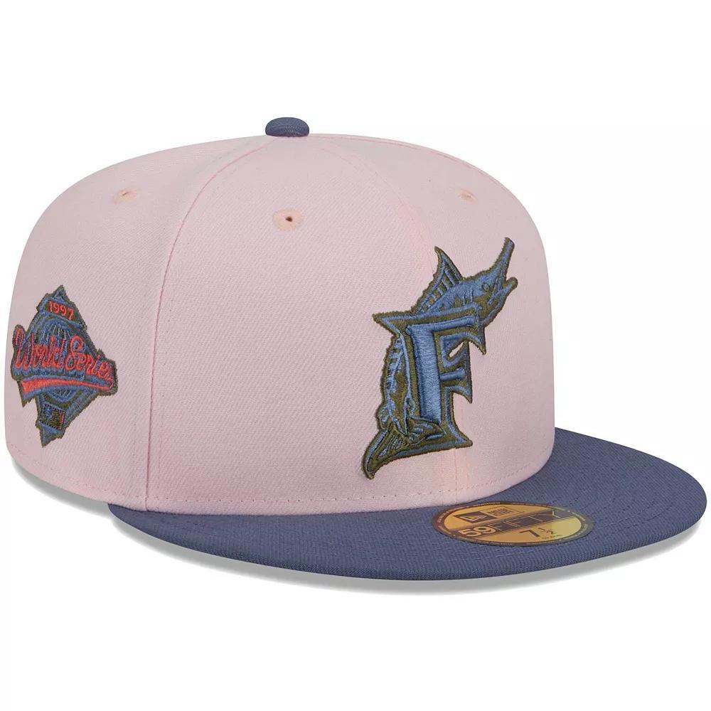 Men's New Era Pink/Blue Florida Marlins Cooperstown Collection Olive Undervisor 59FIFTY Fitted Hat, Size: 7 1/2, Mlb Pink Product Image