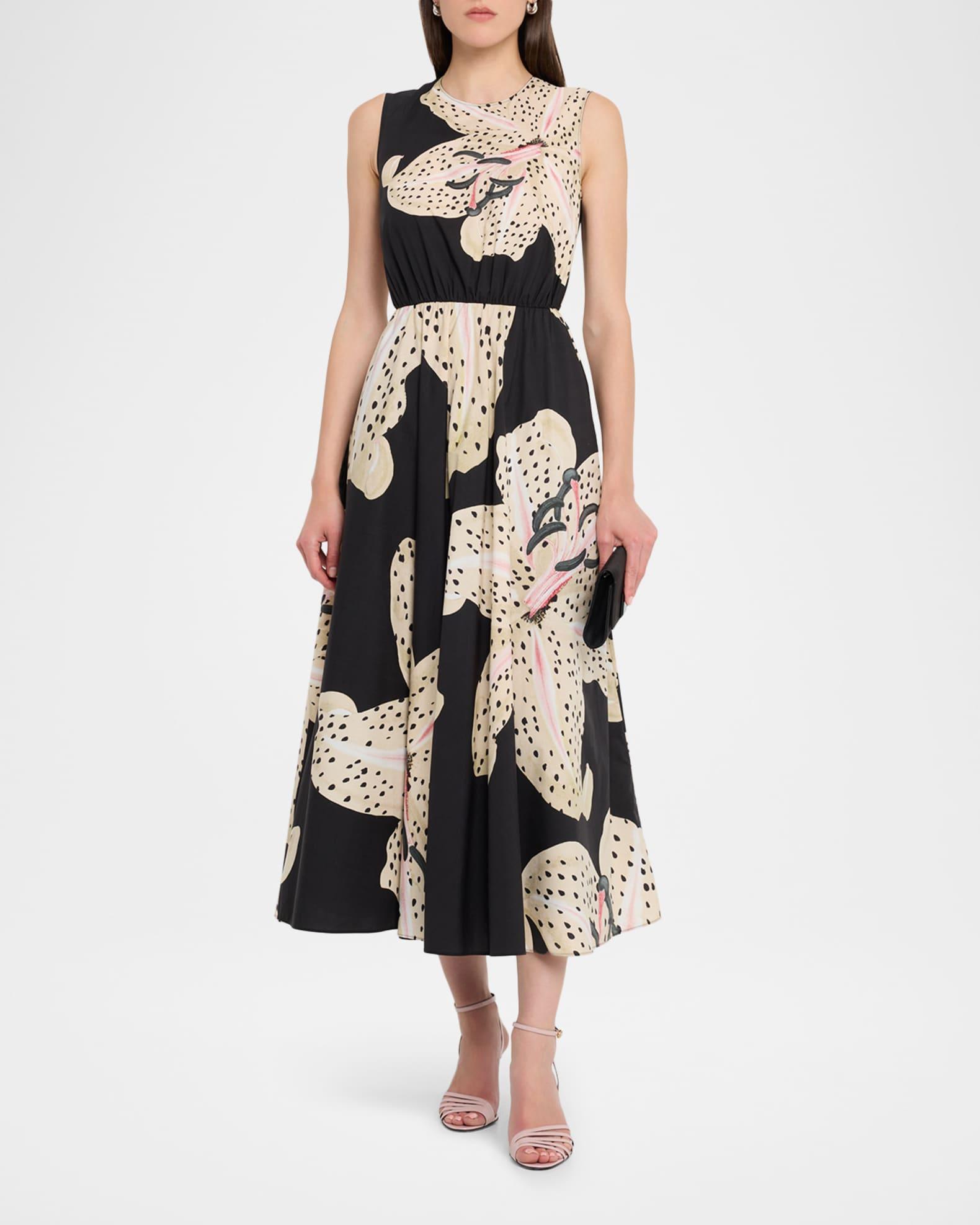 Flower-Print Popeline Sleeveless Midi Dress Product Image
