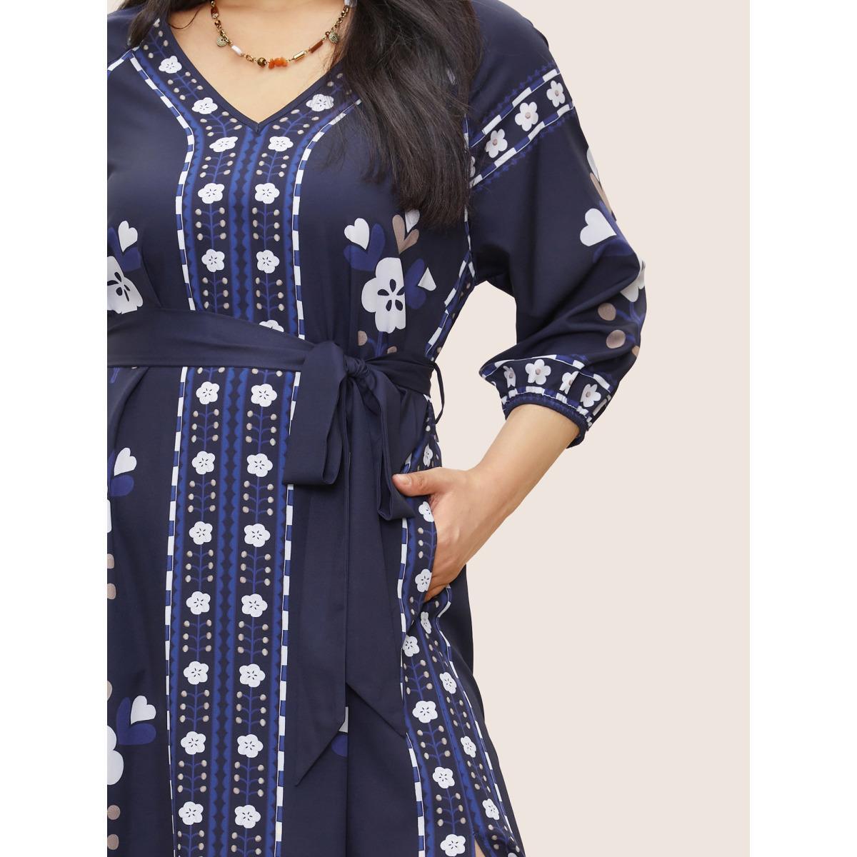 Plus Size Boho Print Belted Pocket Split Side Dress DarkBlue Women Resort Belted V-neck Elbow-length sleeve Curvy Midi Dress BloomChic 10/M Product Image