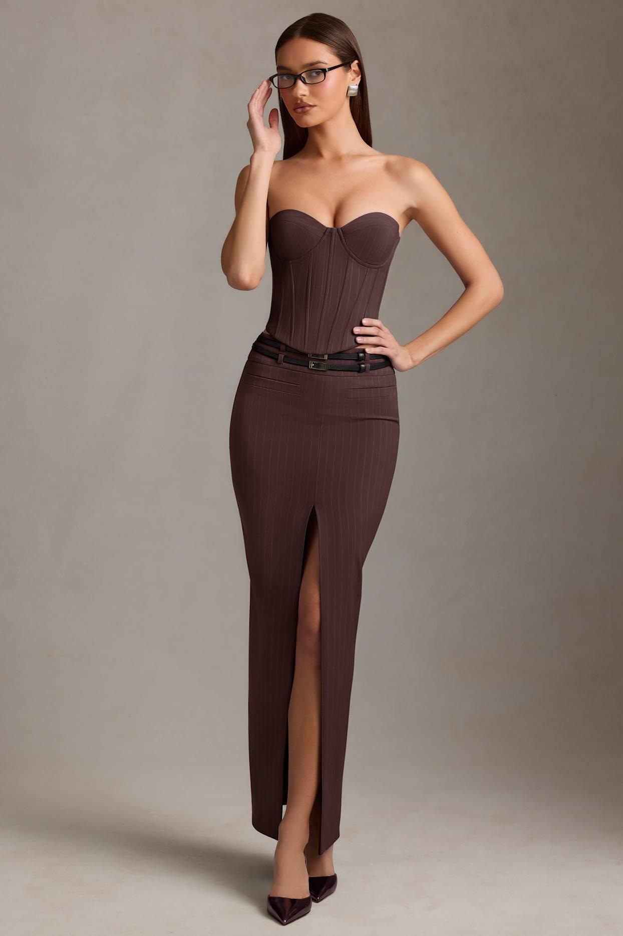 Pinstripe Lace-Up Corset Top in Chocolate Brown Product Image