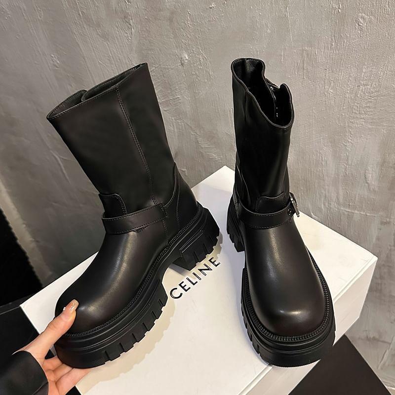 Platform Plain Buckled Short Boots Product Image