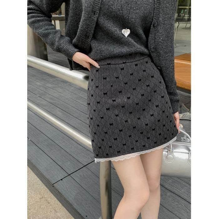 High Rise Bow Print Lace Trim Mini A-Line Skirt Product Image