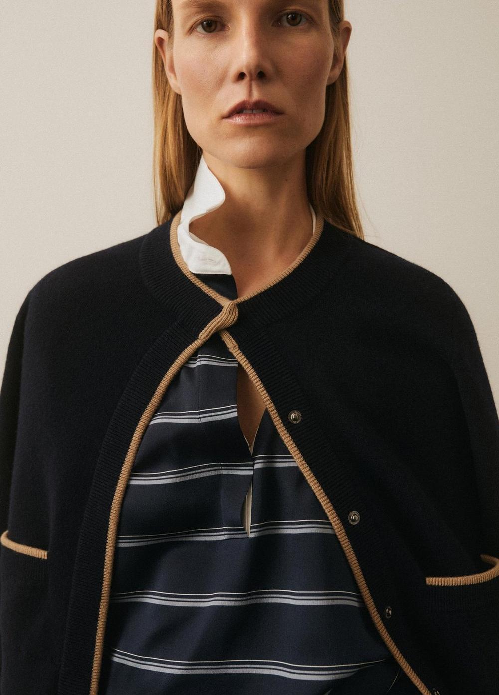 Contrast-Tipped Wool-Blend Snap Cardigan Product Image