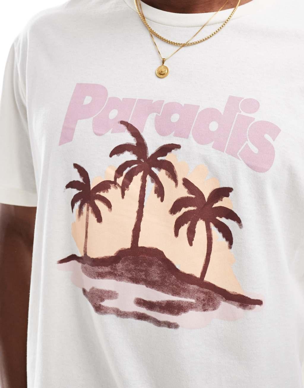 Jack & Jones oversized T-shirt with Paradis print in beige Product Image