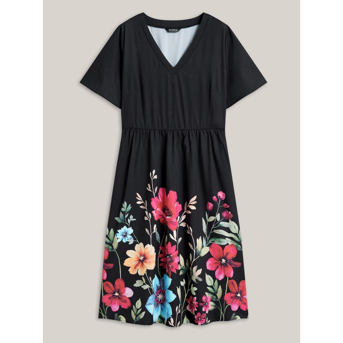 Plus Size Floral Print V-Neck Half-Sleeve Midi Dress Black Women Timeless Non V-neck Short sleeve Curvy BloomChic 12/L Product Image