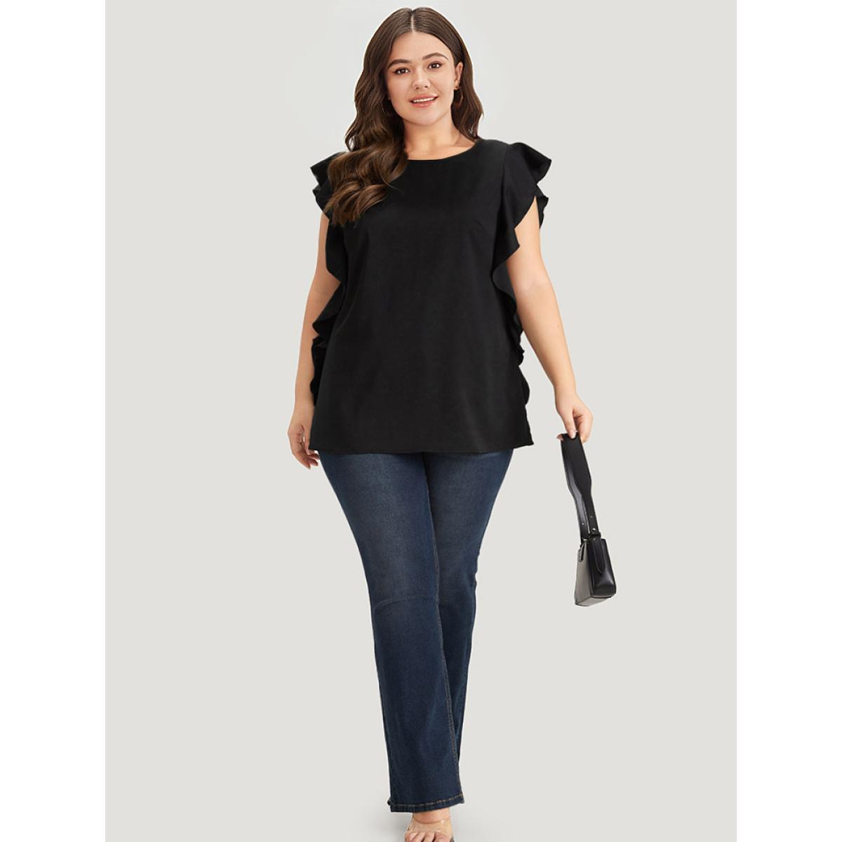 Plus Size Black Solid Crew Neck Ruffle Trim Blouse Women Office Cap Sleeve Round Neck Work Blouses BloomChic 26/4X Product Image