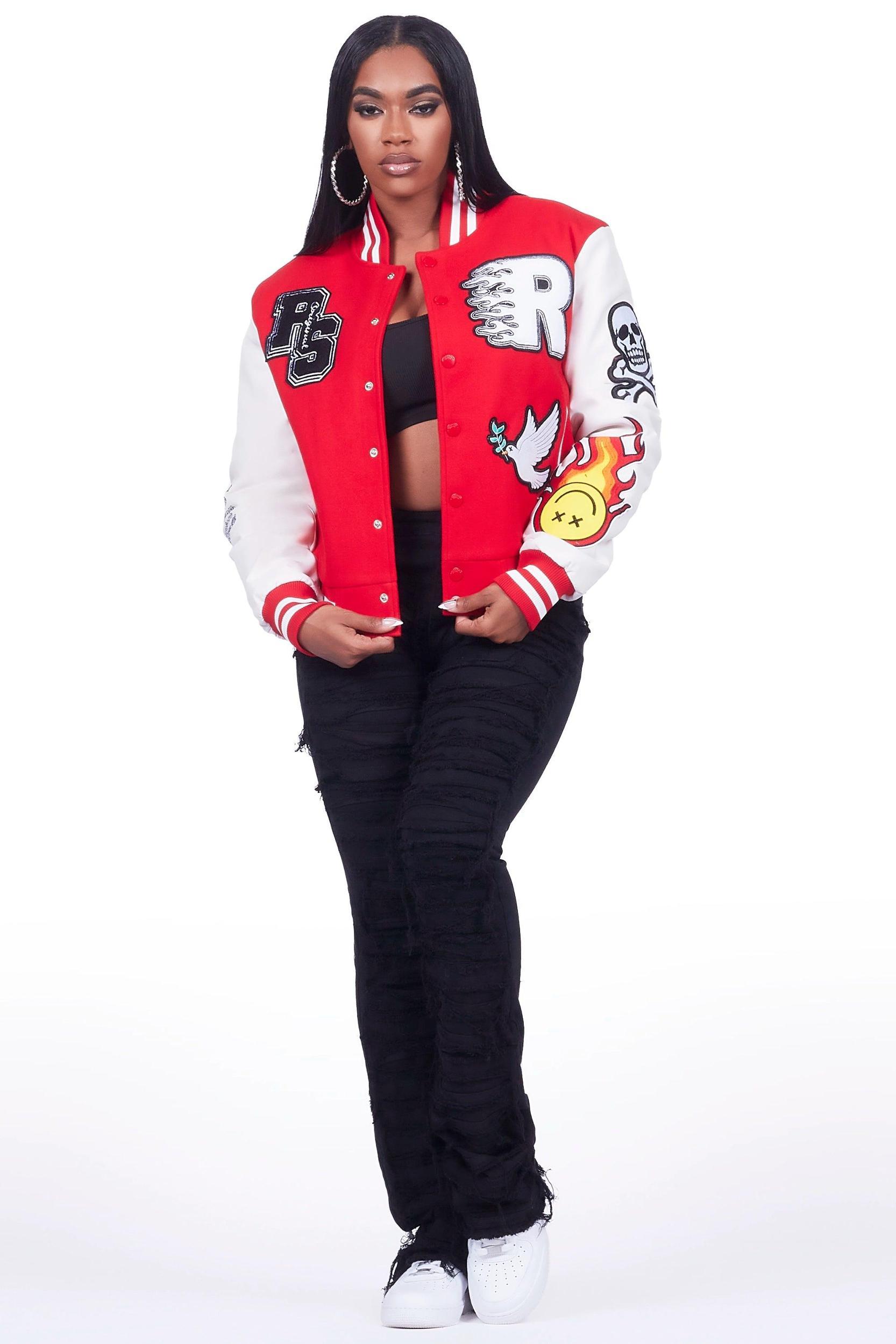 Aniya Red Oversized Varsity Jacket Female Product Image