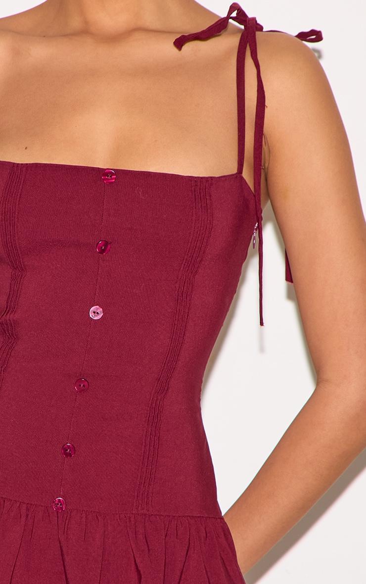 Burgundy Stretch Woven Button Down Pleated Mini Dress Product Image